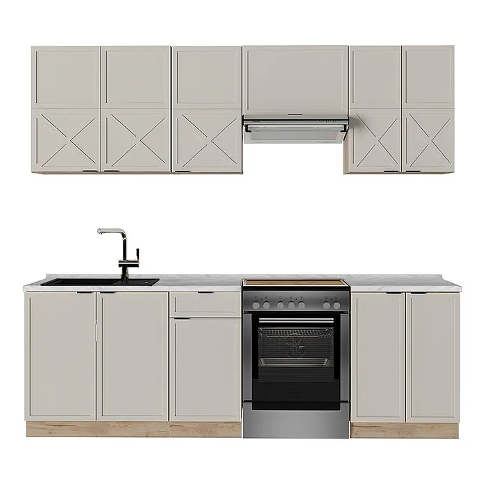 Vicco Küchenzeile Fame-Line GrauBeige/Goldkraft Eiche, AP Marmor - Breite: 240 cm, GrauBeige, Ohne Elektrogeräte - Helle beigefarbene Küche mit weißer Marmor-Arbeitsplatte, Holzsockel, integrierter Spüle, Herd und Dunstabzugshaube.