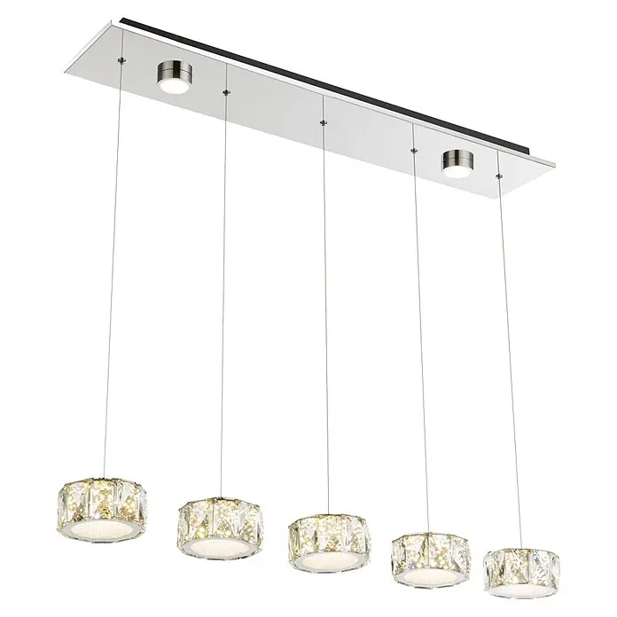 Globo LED-Pendelleuchte rund Amur - Neutralweiß - Rechteckige Pendelleuchte aus gebürstetem Nickel mit fünf runden, kristallverzierten LED-Leuchten.