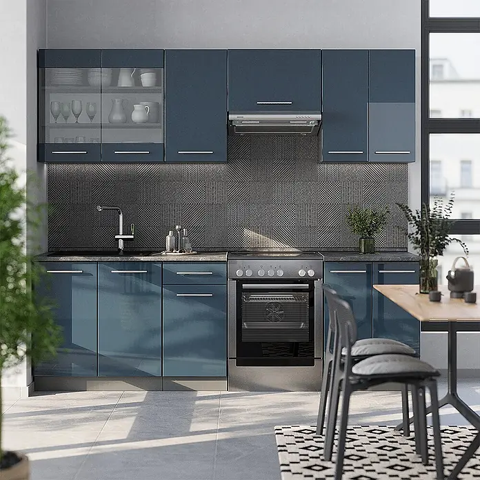 Vicco Küchenzeile Fame-Line Dunkelblau Hochglanz/Anthrazit, AP Marmor - Dunkelblau Hochglanz, Ohne Elektrogeräte - Moderne hochglänzende Küchenzeile in Petrolblau mit Wandschränken, Spüle, integriertem Backofen und dunklem Fliesenspiegel.