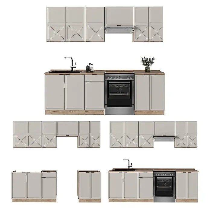 Vicco Küchenzeile Fame-Line GrauBeige/Goldkraft Eiche, AP Eiche - Breite: 240 cm, GrauBeige, Ohne Elektrogeräte - Helle graue modulare Küchenschränke mit Holz-Arbeitsplatten, inklusive Spülenunterschrank, Ofenbereich, Ober- und Unterschränken.