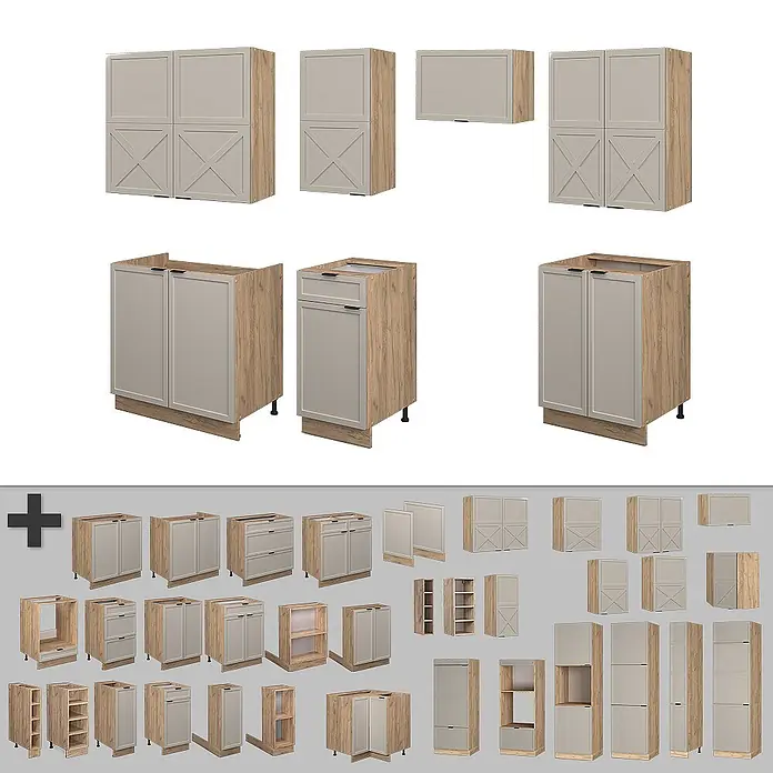 Vicco Küchenzeile Fame-Line GrauBeige/Goldkraft Eiche, AP Eiche - Breite: 240 cm, GrauBeige, Ohne Elektrogeräte - Auswahl an Küchenschränken mit hellgrauen Türen und hellen Holzmaserungsrahmen.