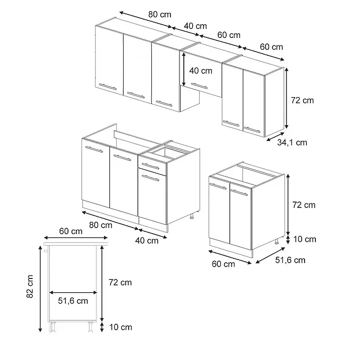Vicco Küchenzeile Fame-Line GrauBeige/Goldkraft Eiche, AP Eiche - Breite: 240 cm, GrauBeige, Ohne Elektrogeräte - Strichzeichnung weißer modularer Küchenschränke, inklusive Ober- und Unterschränken mit Spülbeckenunterschrank und Schubladenelement, mit Maßen.