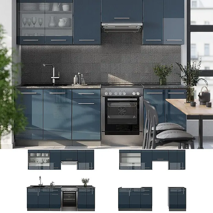 Vicco Küchenzeile Fame-Line Dunkelblau Hochglanz/Anthrazit, AP Marmor - Dunkelblau Hochglanz, Ohne Elektrogeräte - Moderne dunkelblaue Hochglanz-Küchenzeile mit Spüle, Backofen und Hängeschränken mit Glastüren, in einer Küche.
