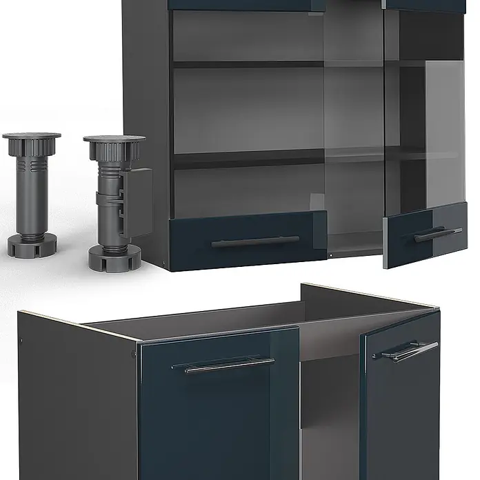 Vicco Küchenzeile Fame-Line Dunkelblau Hochglanz/Anthrazit, AP Marmor - Dunkelblau Hochglanz, Ohne Elektrogeräte - Dunkelgraue und blaue Küchenschrankkomponenten mit Glastüren, Schubladen und verstellbaren Kunststofffüßen.