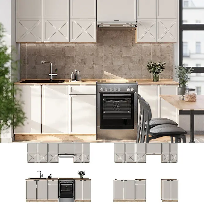 Vicco Küchenzeile Fame-Line GrauBeige/Goldkraft Eiche, AP Eiche - Breite: 240 cm, GrauBeige, Ohne Elektrogeräte - Hellebeige Küchenschränke mit Arbeitsplatte in Holzoptik und freistehendem Edelstahlbackofen in moderner Küche.