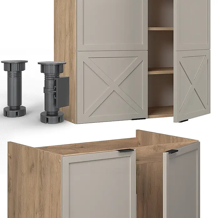 Vicco Küchenzeile Fame-Line GrauBeige/Goldkraft Eiche, AP Eiche - Breite: 200 cm, GrauBeige, Ohne Elektrogeräte - Verstellbare dunkelgraue Kunststoff-Möbelfüße mit hellgrauem Schrank, Holzelementen und X-Muster-Türen, geeignet für modulare Montage.