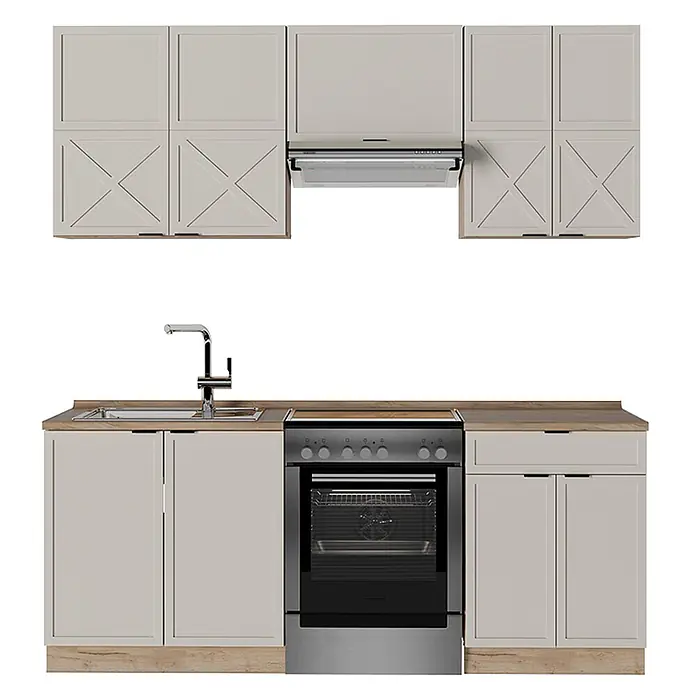Vicco Küchenzeile Fame-Line GrauBeige/Goldkraft Eiche, AP Eiche - Breite: 200 cm, GrauBeige, Ohne Elektrogeräte - Hellgraue modulare Küchenzeile mit Holz-Arbeitsplatten, integrierter Spüle, freistehendem Backofen und Dunstabzugshaube. Mit X-Paneel-Schränken.