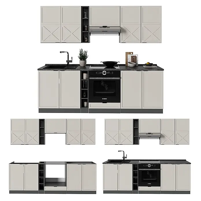 Vicco Küchenzeile Fame-Line GrauBeige/Anthrazit, AP Marmor - Breite: 235 cm, GrauBeige, Ohne Elektrogeräte - Modulare Küchenzeile mit hellbeigen Schränken, schwarzer Arbeitsplatte, integriertem Backofen, Kochfeld und Spüle.