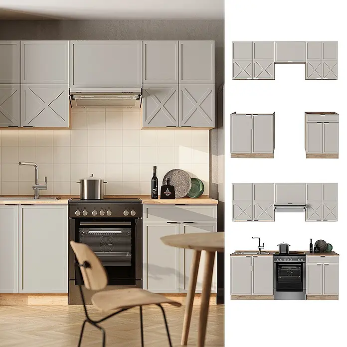 Vicco Küchenzeile Fame-Line GrauBeige/Goldkraft Eiche, AP Eiche - Breite: 200 cm, GrauBeige, Ohne Elektrogeräte - Modulare hellgraue Küchenschränke mit Arbeitsplatten in Holzoptik und integrierten Geräten, in einem modernen Küchenambiente.
