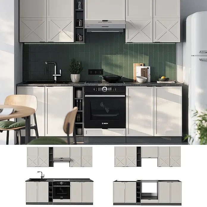 Vicco Küchenzeile Fame-Line GrauBeige/Anthrazit, AP Marmor - Breite: 235 cm, GrauBeige, Ohne Elektrogeräte - Modulare Küchenschränke in Hellbeige mit X-Detailtüren, dunklen Arbeitsplatten, integriertem Backofen, Kochfeld, Spüle und Dunstabzugshaube.