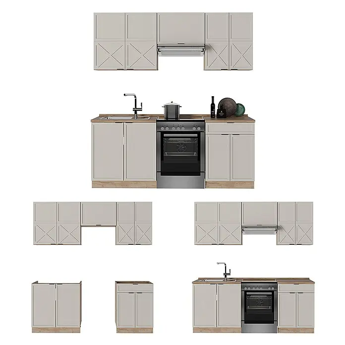 Vicco Küchenzeile Fame-Line GrauBeige/Goldkraft Eiche, AP Eiche - Breite: 200 cm, GrauBeige, Ohne Elektrogeräte - Modulare Küchenmöbel in Hellbeige mit Holzarbeitsplatten, Spüle, Backofen und Dunstabzugshaube, in verschiedenen Anordnungen.