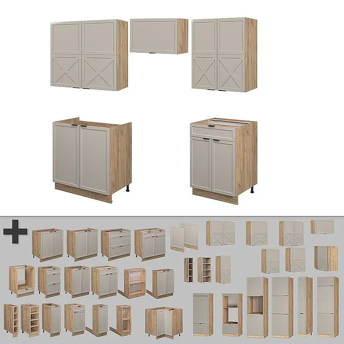Vicco Küchenzeile Fame-Line GrauBeige/Goldkraft Eiche, AP Eiche - Breite: 200 cm, GrauBeige, Ohne Elektrogeräte - Modulare Küchenschränke mit hellen Holzmaserungsrahmen und hellgrauen Türen/Schubladen, in verschiedenen Konfigurationen.
