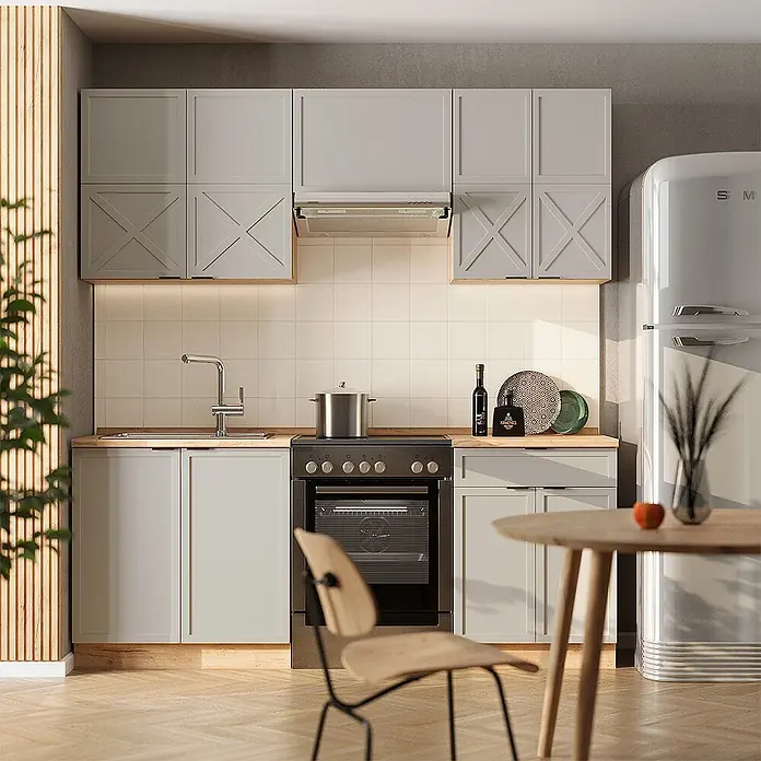 Vicco Küchenzeile Fame-Line GrauBeige/Goldkraft Eiche, AP Eiche - Breite: 200 cm, GrauBeige, Ohne Elektrogeräte - Hellgraue Küchenschränke mit dekorativen X-Paneeltüren und Holzarbeitsplatten in einer Küche.