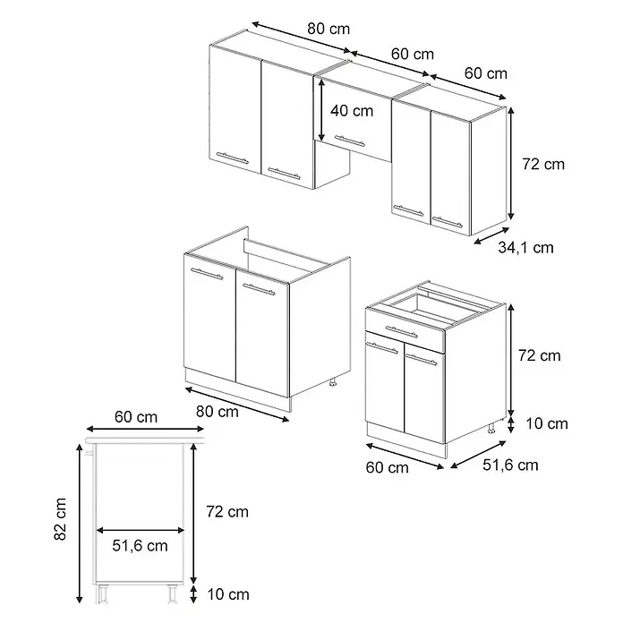 Vicco Küchenzeile Fame-Line Eiche Paneel/Anthrazit, AP Eiche - Breite: 200 cm, Eiche Paneel, Ohne Elektrogeräte - Strichzeichnung modularer Küchenschränke, zeigt Ober- und Unterschränke mit detaillierten Maßen.