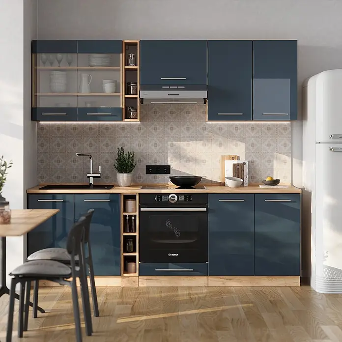 Vicco Küchenzeile Fame-Line Dunkelblau Hochglanz/Goldkraft Eiche ohne Arbeitsplatte - Dunkelblau Hochglanz, Ohne Elektrogeräte - Moderne Küche mit blauen Unter- und Oberschränken, heller Holzplatte und Einbauofen, für Kochen und Essen.