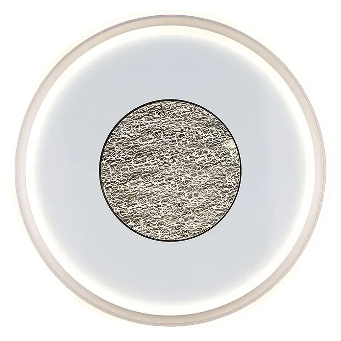 Globo LED-Deckenleuchte rund Eila - 60 W, Ø x H: 59 x 6,5 cm - Kreisförmige Leuchte mit weißem Außenring, beleuchtetem Innenring und zentralem goldenem Struktumuster.