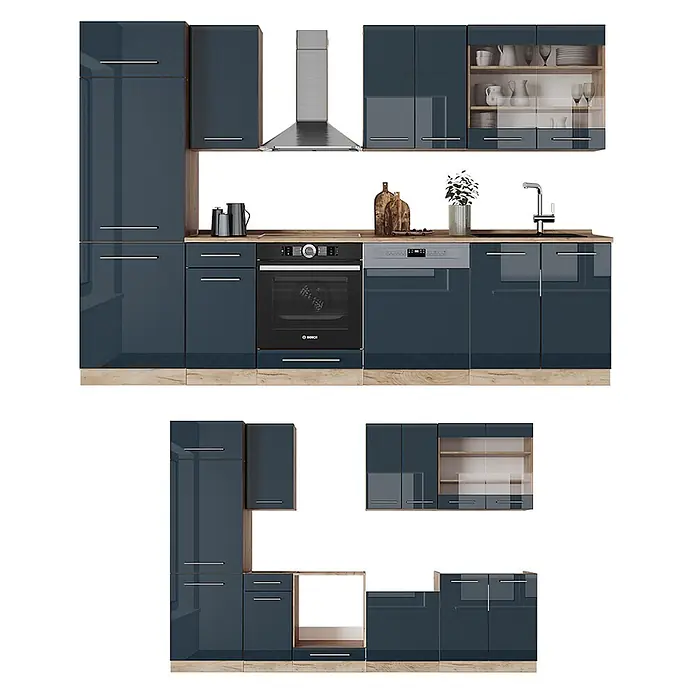 Vicco Küchenzeile Fame-Line Dunkelblau Hochglanz/Goldkraft Eiche ohne Arbeitsplatte - Dunkelblau Hochglanz, Ohne Elektrogeräte - Moderne dunkelblaue Hochglanzküche mit Holztheken und Sockelleisten, inkl. Hochschränken, Unterschränken mit Backofen/Geschirrspüler, Wandschränken.