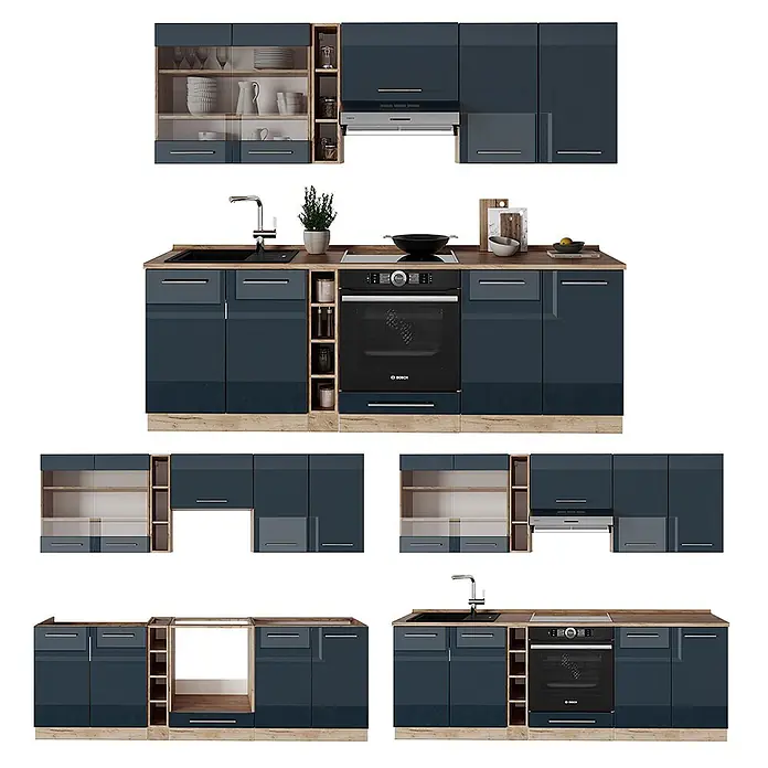 Vicco Küchenzeile Fame-Line Dunkelblau Hochglanz/Goldkraft Eiche ohne Arbeitsplatte - Dunkelblau Hochglanz, Ohne Elektrogeräte - Modularer Küchenblock in Dunkelblau Hochglanz mit Holzoptik-Elementen, integriertem Backofen, Kochfeld, Spüle und Dunstabzugshaube.
