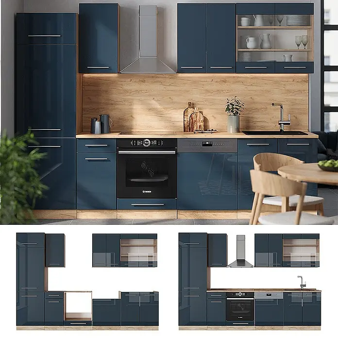 Vicco Küchenzeile Fame-Line Dunkelblau Hochglanz/Goldkraft Eiche, AP Marmor - Breite: 300 cm, Dunkelblau Hochglanz, Ohne Elektrogeräte - Modernes Küchensystem mit glänzenden blauen Schränken, Holz-Arbeitsplatte und Rückwand, sowie integriertem Backofen, Geschirrspüler und Spüle.