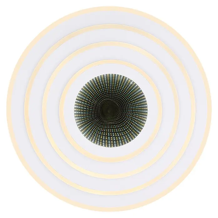 Globo LED-Deckenleuchte rund Jocelyn - Ø x H: 40 x 7 cm, Weiß - Runde Deckenleuchte mit weißen und goldenen konzentrischen Ringen und zentralem Unendlichkeitsspiegel-Effekt mit leuchtenden Punkten.