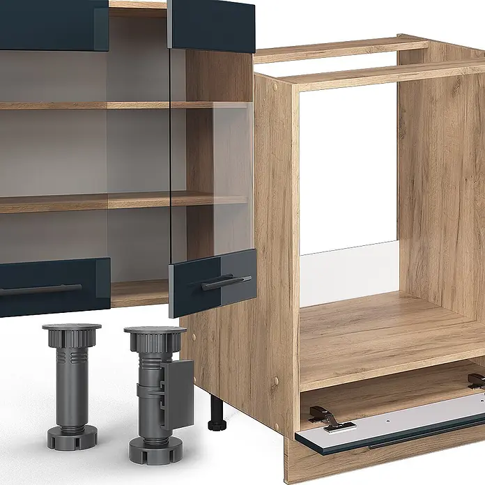 Vicco Küchenzeile Fame-Line Dunkelblau Hochglanz/Goldkraft Eiche ohne Arbeitsplatte - Dunkelblau Hochglanz, Ohne Elektrogeräte - Dunkelblauer Hängeschrank mit Glasfront, Holzküchenunterschrank (zerlegt) und verstellbare Füße zur Montage.