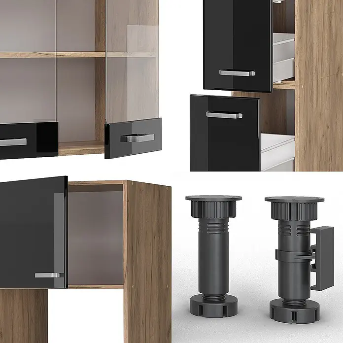 Vicco Küchenzeile R-Line Schwarz Hochglanz mit Hochschrank, ohne Arbeitsplatte - Breite: 350 cm, Schwarz Hochglanz, Ohne Elektrogeräte - Moderne Holzschränke mit schwarzen Hochglanztüren und silbernen Griffen, sowie zwei schwarze verstellbare Möbelfüße.