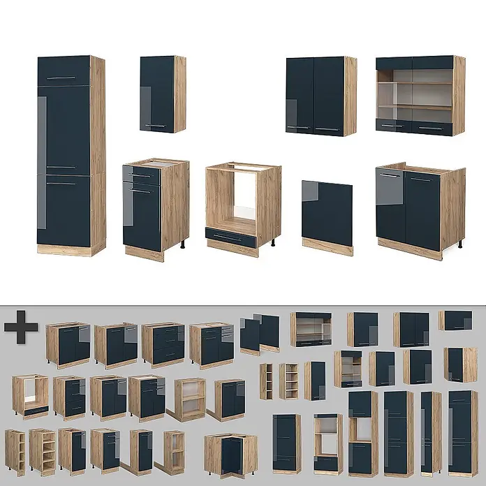 Vicco Küchenzeile Fame-Line Dunkelblau Hochglanz/Goldkraft Eiche, AP Marmor - Breite: 300 cm, Dunkelblau Hochglanz, Ohne Elektrogeräte - Glänzende dunkelblaue Küchenschränke mit hellen Holzrahmen in verschiedenen modularen Konfigurationen.