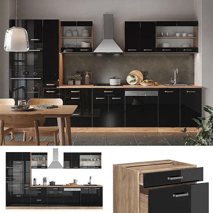 Vicco Küchenzeile R-Line Schwarz Hochglanz mit Hochschrank, ohne Arbeitsplatte - Breite: 350 cm, Schwarz Hochglanz, Ohne Elektrogeräte - Moderne Küche mit hochglänzenden schwarzen Schränken, Arbeitsplatten aus Holz und integrierten Geräten in einem zeitgemäßen Interieur.