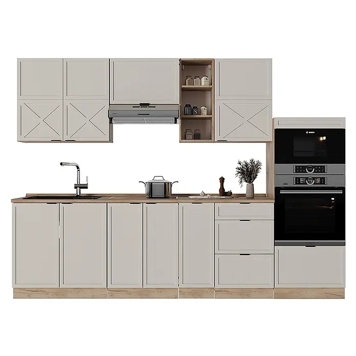 Vicco Küchenzeile Fame-Line GrauBeige/Goldkraft Eiche, AP Eiche - Breite: 280 cm, GrauBeige, Ohne Elektrogeräte - Hellbeige Modulküche mit Arbeitsplatte in Holzoptik und integrierten Geräten.