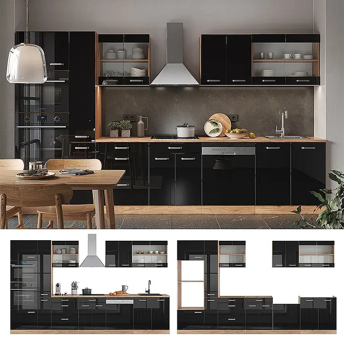 Vicco Küchenzeile R-Line Schwarz Hochglanz mit Hochschrank, ohne Arbeitsplatte - Breite: 350 cm, Schwarz Hochglanz, Ohne Elektrogeräte - Moderne schwarze Hochglanzküche mit Holzarbeitsplatten, integrierten Geräten und oberen Glasschränken.