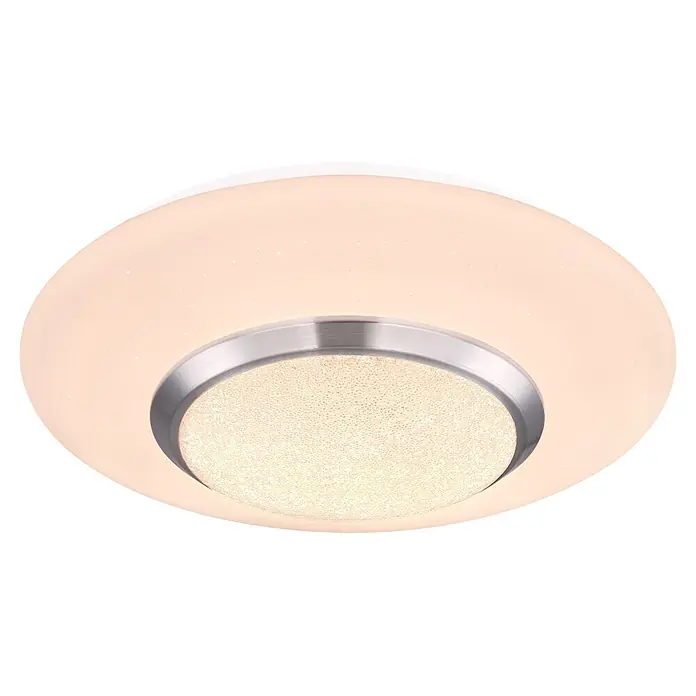 Globo Plafón LED redondo Candida - 18 W, Ø x Al: 34 mm x 8 cm, Blanco, Claro, Blanco cálido - Lámpara de techo LED redonda con difusor blanco efecto cielo estrellado, borde de metal cepillado y centro iluminado texturizado.