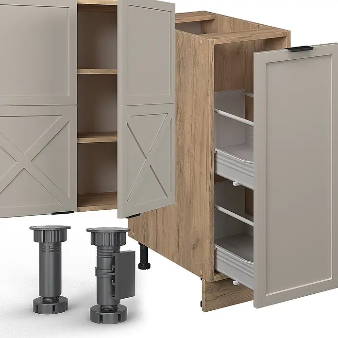 Vicco Küchenzeile Fame-Line GrauBeige/Goldkraft Eiche, AP Eiche - Breite: 280 cm, GrauBeige, Ohne Elektrogeräte - Offene modulare Küchenschränke aus hellem Holz und Beige, mit Einlegeböden und Auszügen, sowie zwei grauen verstellbaren Möbelfüßen.