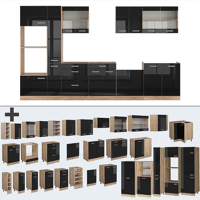 Vicco Küchenzeile R-Line Schwarz Hochglanz mit Hochschrank, ohne Arbeitsplatte - Breite: 350 cm, Schwarz Hochglanz, Ohne Elektrogeräte - Modulare Küchenmöbel in Schwarzglanz und hellem Holz, bieten vielseitige Stauraum- und Schrankoptionen.