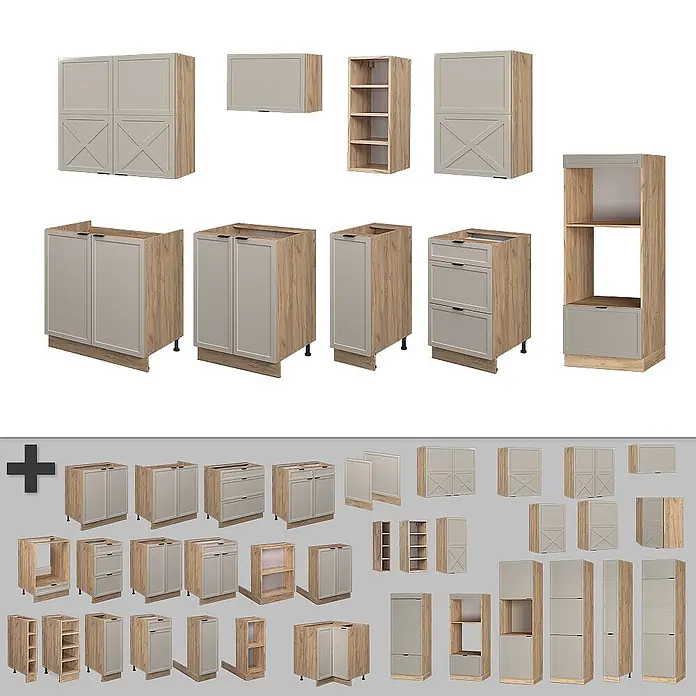 Vicco Küchenzeile Fame-Line GrauBeige/Goldkraft Eiche, AP Eiche - Breite: 280 cm, GrauBeige, Ohne Elektrogeräte - Modulare Küchenschränke mit hellem Holzdekor und hellgrauen Fronten, inkl. Unter-, Ober- und Hochschränken, Schubladen und offenen Regalen.