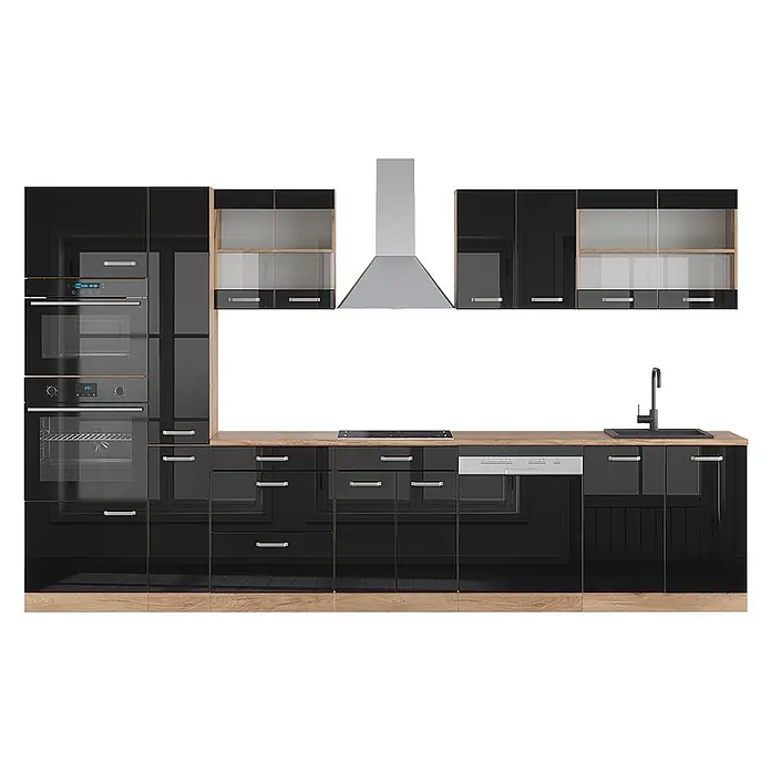 Vicco Küchenzeile R-Line Schwarz Hochglanz mit Hochschrank, ohne Arbeitsplatte - Breite: 350 cm, Schwarz Hochglanz, Ohne Elektrogeräte - Moderne schwarze Hochglanzküche mit Holztheke und -sockel, integrierten Öfen, Kochfeld, Spüle und Dunstabzugshaube.