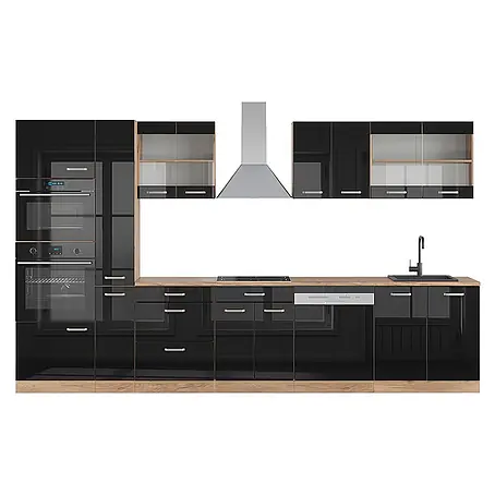 Vicco  Küchenzeile R-Line Schwarz Hochglanz mit Hochschrank, ohne Arbeitsplatte