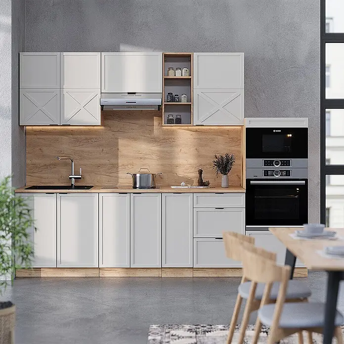 Vicco Küchenzeile Fame-Line GrauBeige/Goldkraft Eiche, AP Eiche - Breite: 280 cm, GrauBeige, Ohne Elektrogeräte - Moderne Küche mit weißen Schränken, heller Holzrückwand und Arbeitsplatte, Edelstahlgeräten und integriertem Essbereich.