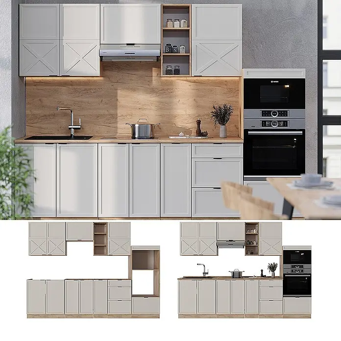 Vicco Küchenzeile Fame-Line GrauBeige/Goldkraft Eiche, AP Eiche - Breite: 280 cm, GrauBeige, Ohne Elektrogeräte - Moderne hellgraue Küchenschränke mit Holzoptik-Arbeitsplatte und -Rückwand, integriertem Spülbecken, Kochfeld, Ofen und Mikrowelle.