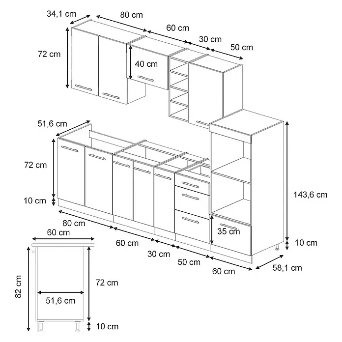 Vicco Küchenzeile Fame-Line GrauBeige/Goldkraft Eiche, AP Eiche - Breite: 280 cm, GrauBeige, Ohne Elektrogeräte - Modulare Küchenschrank-Garnitur mit Ober-, Unter- und Hochschränken, Maße angegeben.