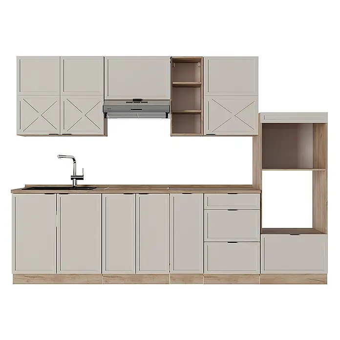 Vicco Küchenzeile Fame-Line GrauBeige/Goldkraft Eiche, AP Eiche - Breite: 280 cm, GrauBeige, Ohne Elektrogeräte - Hellgraue Küchenzeile mit Arbeitsplatte und Regalen in Holzoptik, Spüle, Armatur und Dunstabzugshaube.