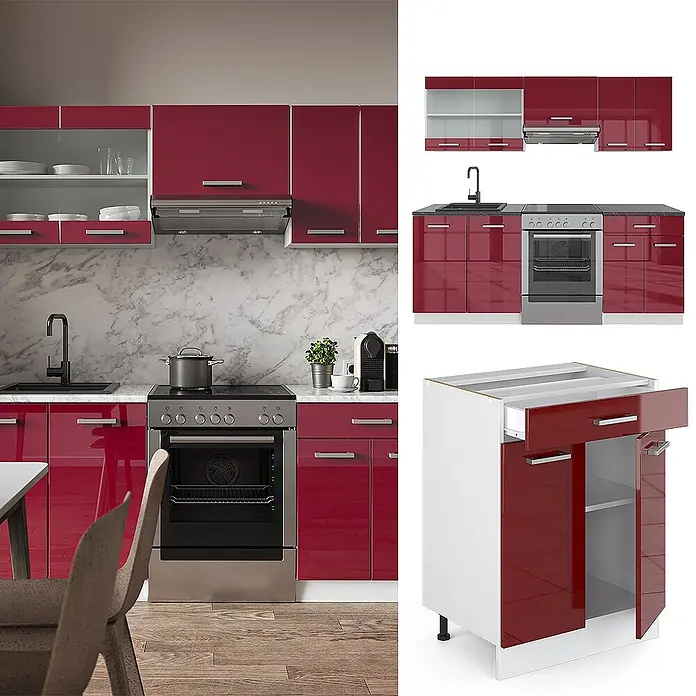 Vicco Küchenzeile R-Line Rot Hochglanz/Weiß ohne Arbeitsplatte - Rot Hochglanz, Ohne Elektrogeräte - Hochglanzroter Küchenschrank-Set mit Ober- und Unterschränken, integriertem Ofen und Spüle, in einer modernen Küche gezeigt.