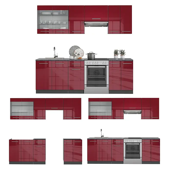 Vicco Küchenzeile Fame-Line Bordeaux Hochglanz ohne Arbeitsplatte - Bordeaux Hochglanz, Ohne Elektrogeräte - Modulares Küchenschrank-Set in Hochglanz-Rot mit integriertem Backofen, Spüle und Glastüren.