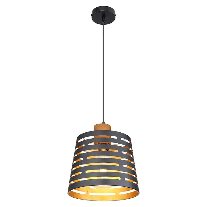 Globo Pendelleuchte Ablona 120 x 25 cm - 60 W, Schwarz, Gold, E27 - Schwarze Pendelleuchte aus Metall mit horizontalen Ausschnitten, goldenem Inneren, Holzdekor und sichtbarer Glühbirne.