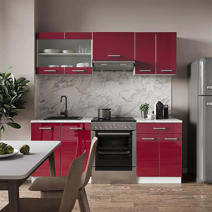 Vicco Küchenzeile R-Line Rot Hochglanz/Weiß ohne Arbeitsplatte - Rot Hochglanz, Ohne Elektrogeräte - Hochglänzende rote Küchenschrank-Garnitur mit Spüle, Backofen und Stauraum in einer modernen Küche.