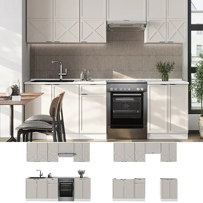 Vicco Küchenzeile Fame-Line GrauBeige/Weiß, AP Eiche - Breite: 240 cm, GrauBeige, Ohne Elektrogeräte - Moderne hellbeige Küchenschränke mit X-Panel-Details, weißer Arbeitsplatte, Spüle und Backofen in einer kompletten Kücheneinrichtung.