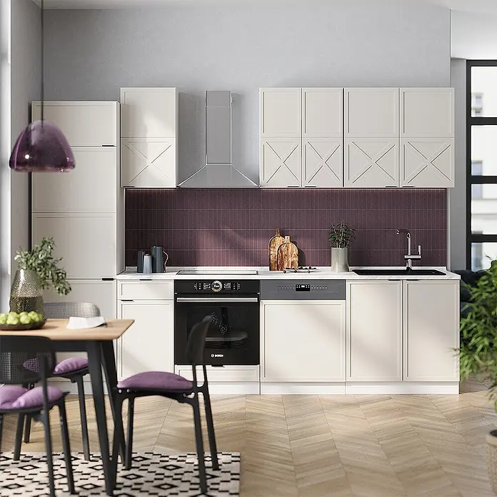 Vicco Küchenzeile Fame-Line GrauBeige/Weiß, AP Marmor - Breite: 300 cm, GrauBeige, Ohne Elektrogeräte - Cremefarbene Küchenschränke mit dunkellila Spritzschutz, inklusive Einbauofen und integriertem Geschirrspüler.