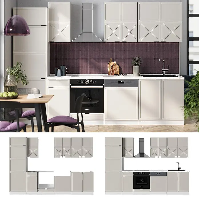 Vicco Küchenzeile Fame-Line GrauBeige/Weiß, AP Marmor - Breite: 300 cm, GrauBeige, Ohne Elektrogeräte - Modernes, hellbeiges Küchenschrank-Set mit dekorativen X-Paneelen, integriertem Backofen, Geschirrspüler und Spüle in einer Küche.