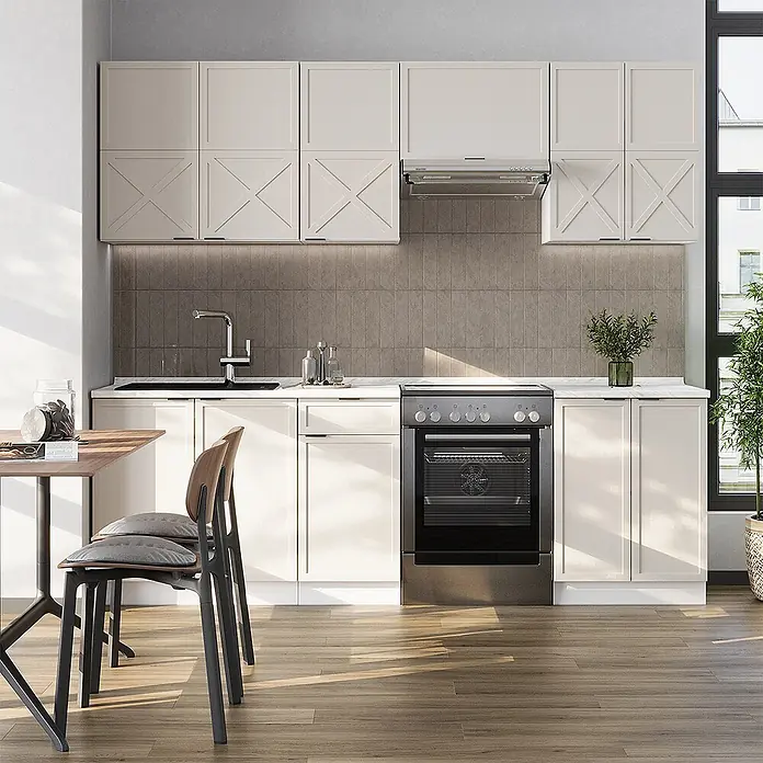 Vicco Küchenzeile Fame-Line GrauBeige/Weiß, AP Eiche - Breite: 240 cm, GrauBeige, Ohne Elektrogeräte - Cremefarbene Küchenschränke mit Kreuzmuster-Türen und schwarzen Griffen in einer modernen Küche.