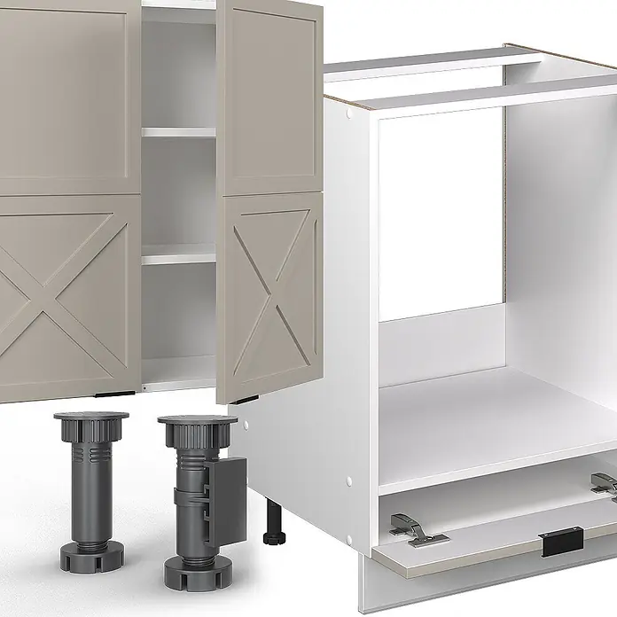 Vicco Küchenzeile Fame-Line GrauBeige/Weiß, AP Marmor - Breite: 300 cm, GrauBeige, Ohne Elektrogeräte - Weiße Küchenunterschrank-Komponenten mit taupefarbenen Türen im X-Muster und dunkelgrauen verstellbaren Füßen, montagebereit.
