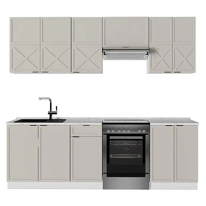 Vicco Küchenzeile Fame-Line GrauBeige/Weiß, AP Marmor - Breite: 240 cm, GrauBeige, Ohne Elektrogeräte - Beige Küchenmöbel mit weißer Arbeitsplatte, schwarzer Spüle, Edelstahlherd/Kochfeld und Dunstabzugshaube.